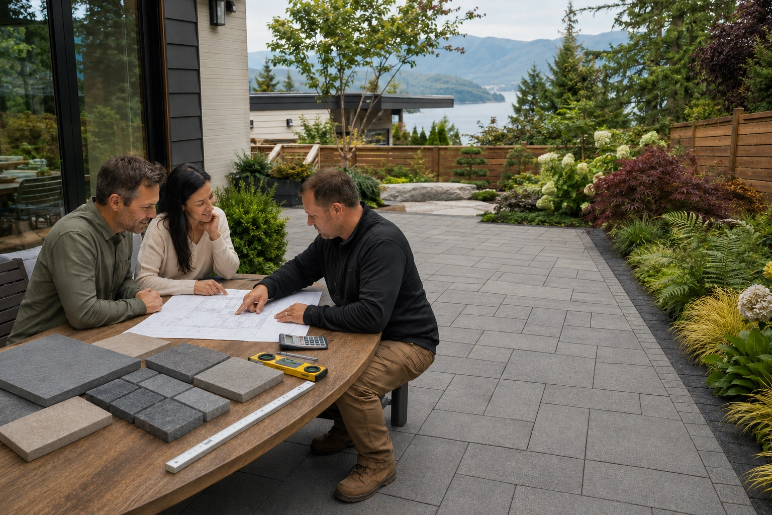 Contractor discussing paver patio costs with homeowners at a Lower Mainland BC property.