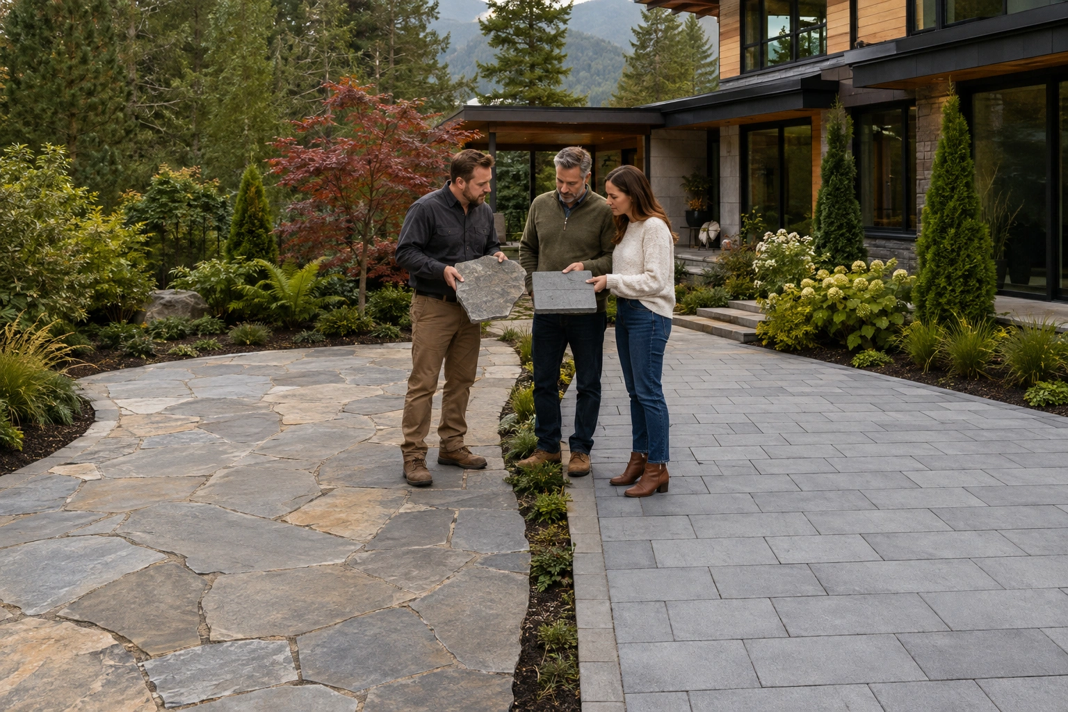 Side-by-side comparison of natural stone and concrete pavers for a British Columbia home patio.