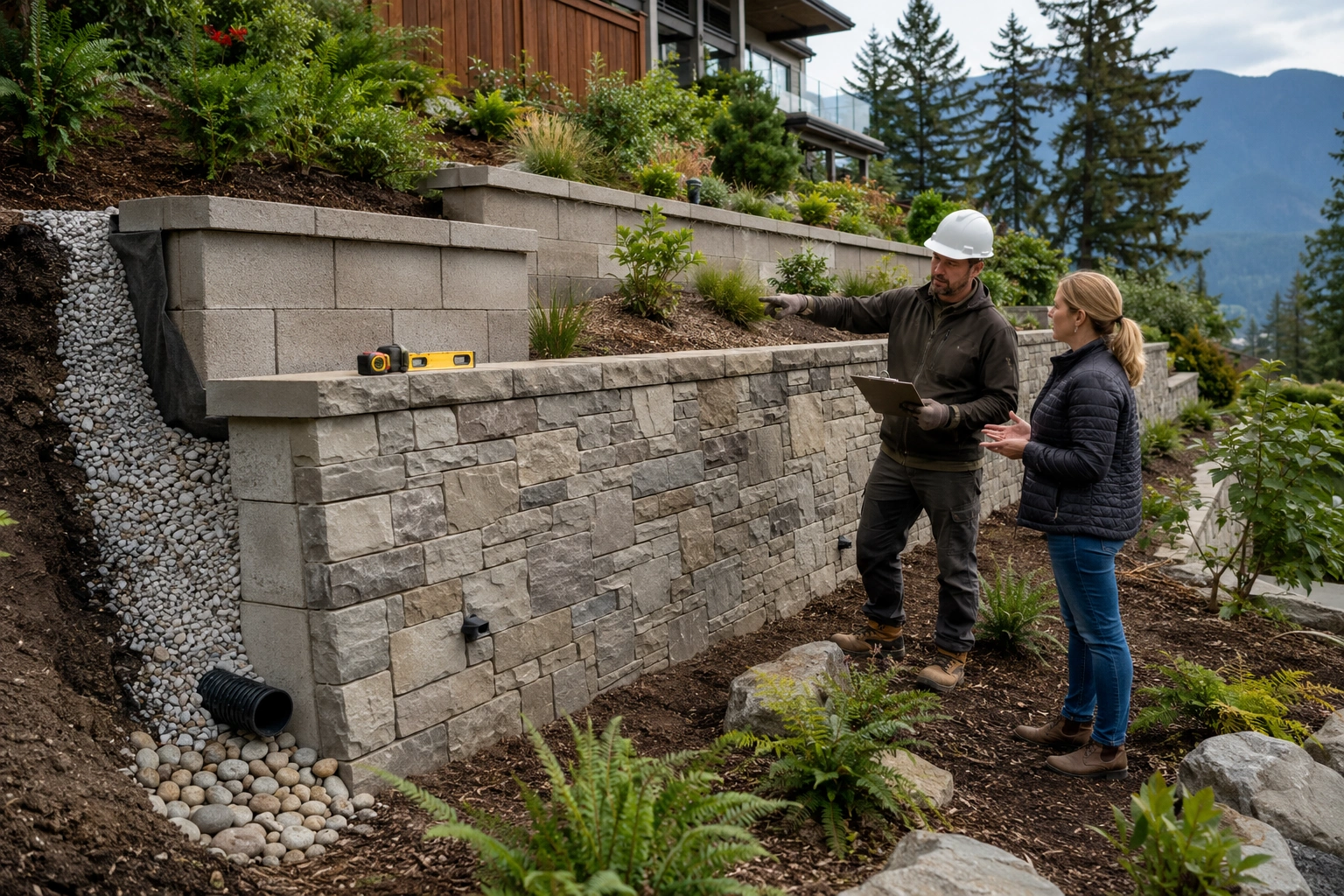 Landscape contractor inspecting a retaining wall on a sloped residential property in British Columbia.