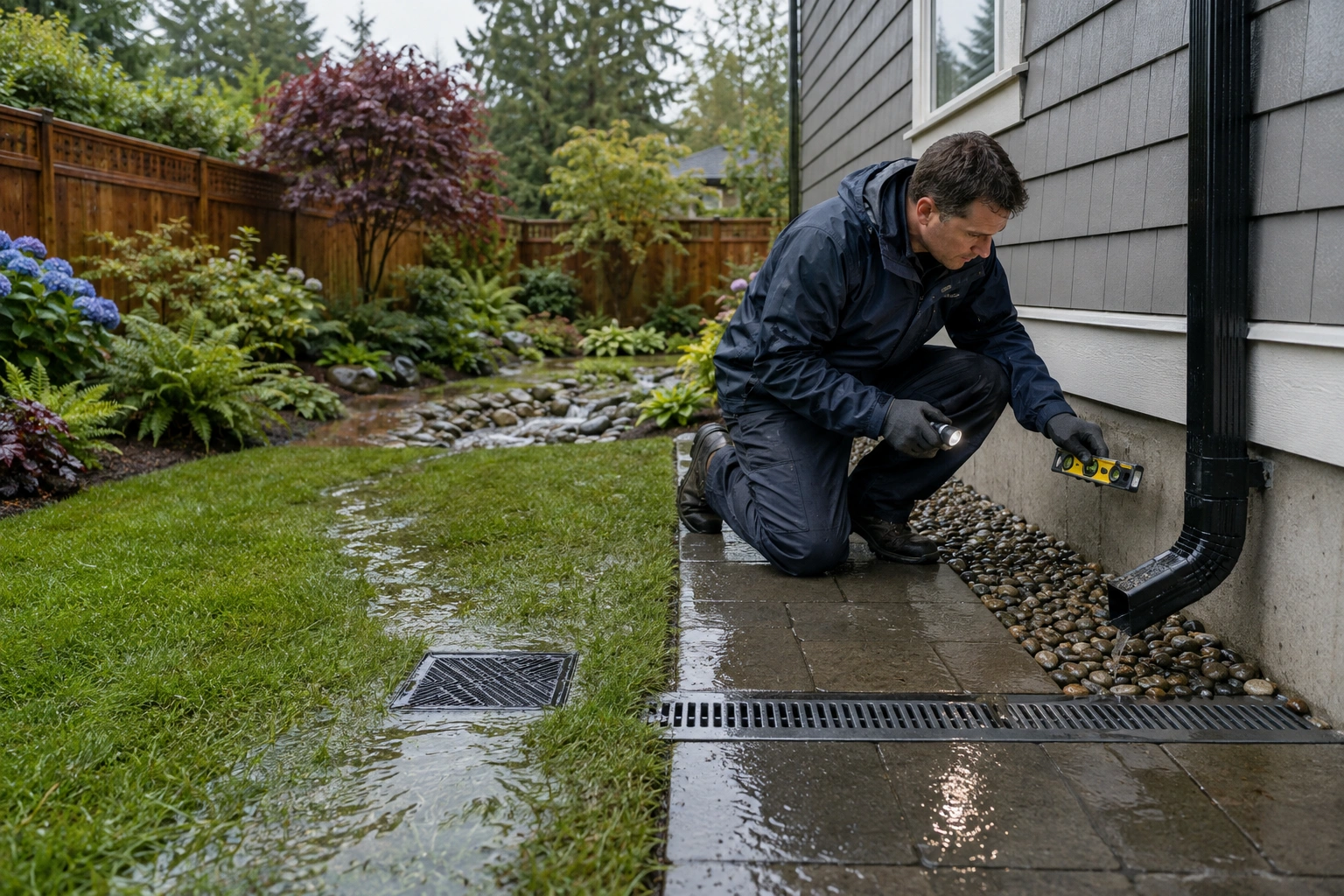 Yard drainage system directing rainwater away from a Lower Mainland BC home and foundation.
