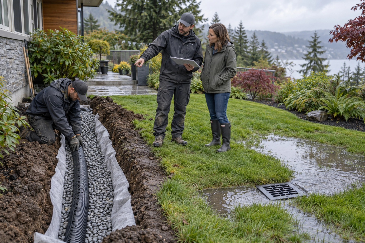 French drain and surface drain comparison for solving yard drainage problems in the Lower Mainland.