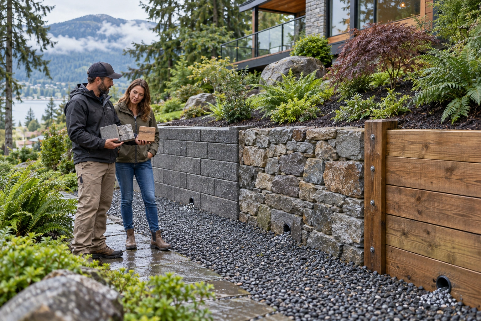 Retaining wall materials compared for a landscaped Delta property
