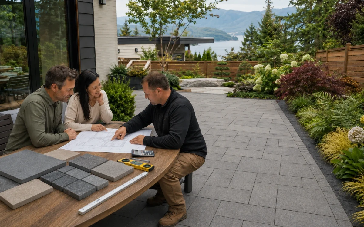 Contractor discussing paver patio costs with homeowners at a Lower Mainland BC property.