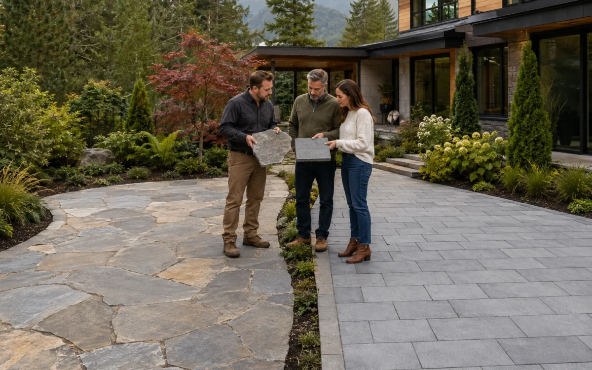 Side-by-side comparison of natural stone and concrete pavers for a British Columbia home patio.