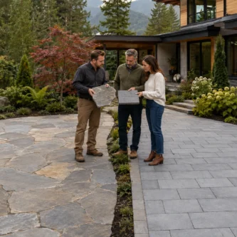 Natural Stone vs. Concrete Pavers Side-by-side comparison of natural stone and concrete pavers for a British Columbia home patio.