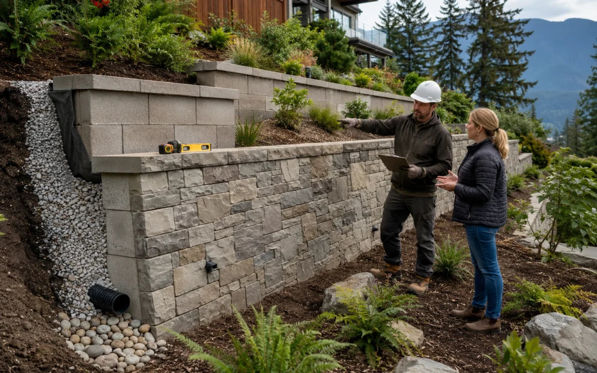 Landscape contractor inspecting a retaining wall on a sloped residential property in British Columbia.