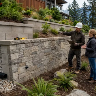 Retaining Wall Types in BC Landscape contractor inspecting a retaining wall on a sloped residential property in British Columbia.