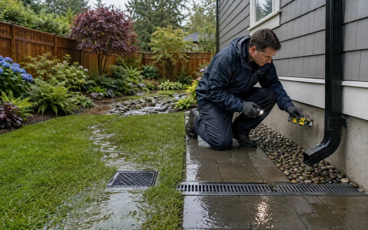 Yard drainage system directing rainwater away from a Lower Mainland BC home and foundation.