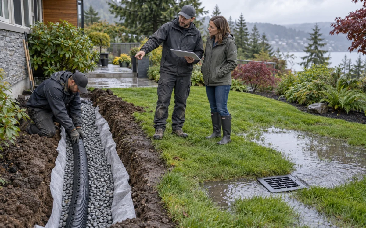 French drain and surface drain comparison for solving yard drainage problems in the Lower Mainland.