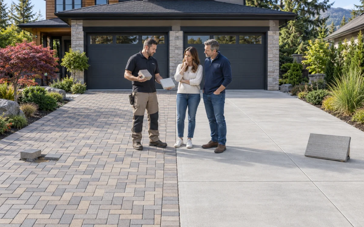 Side-by-side comparison of interlocking pavers and poured concrete driveways for a BC home.