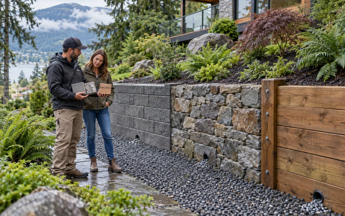 Retaining wall materials compared for a landscaped Delta property